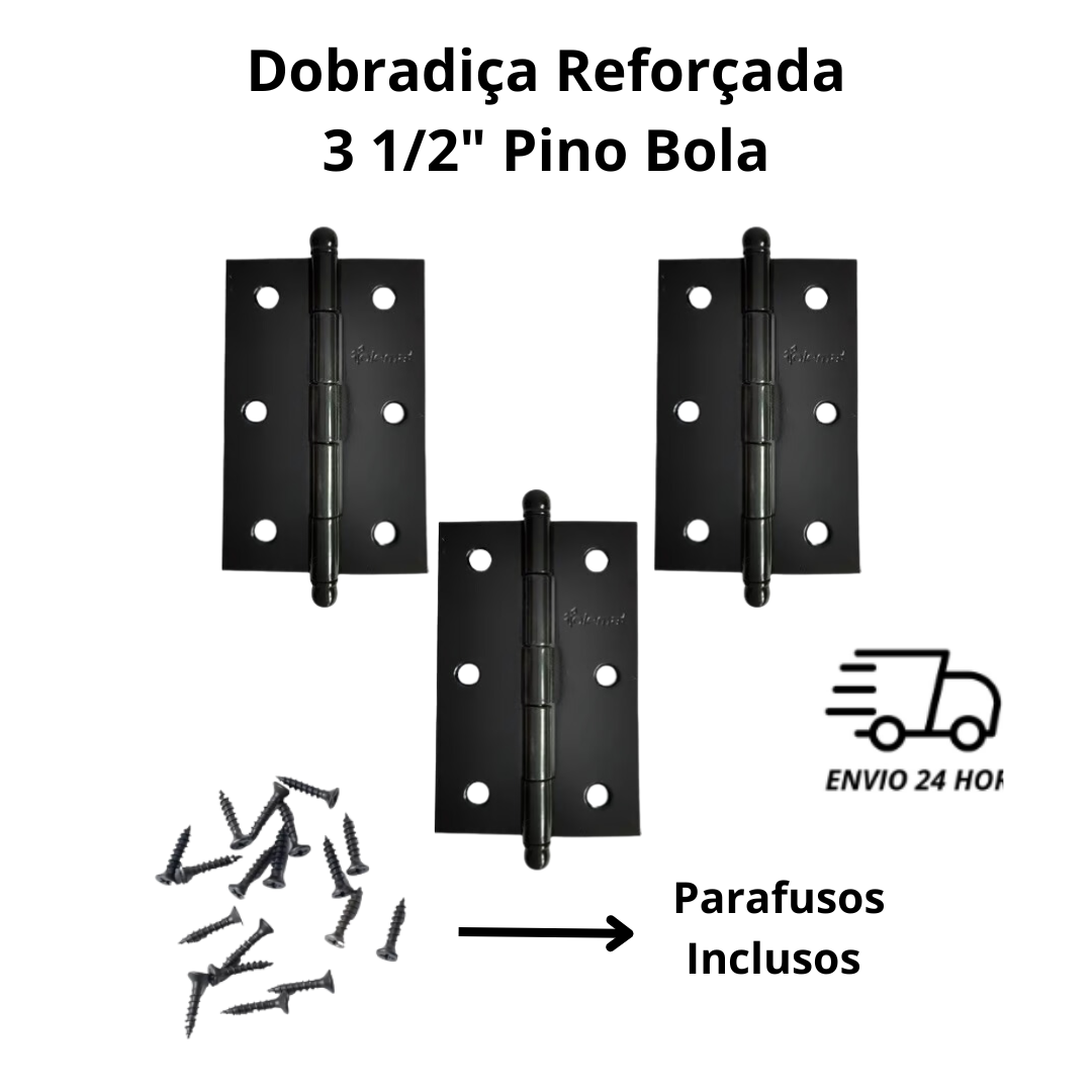 Jogo C/ 03 Dobradiça Pino Bola P/ Porta E Janela 3,5' Preta - Imagem 4